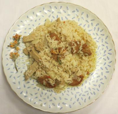 Prato com arroz de carqueja e seitan e raminho de carqueja