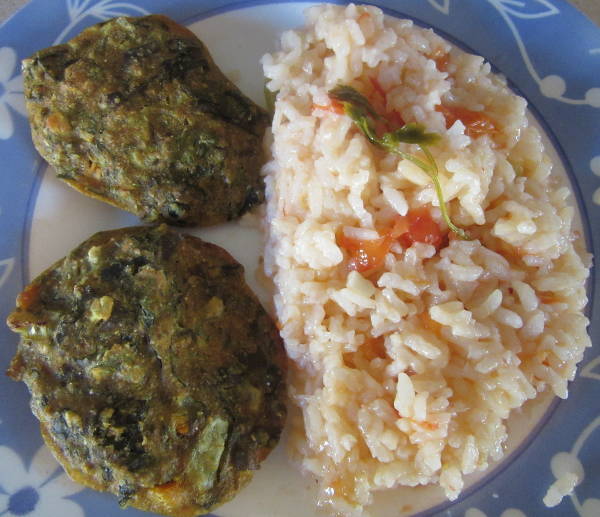 Pataniscas de algas com arroz de tomate